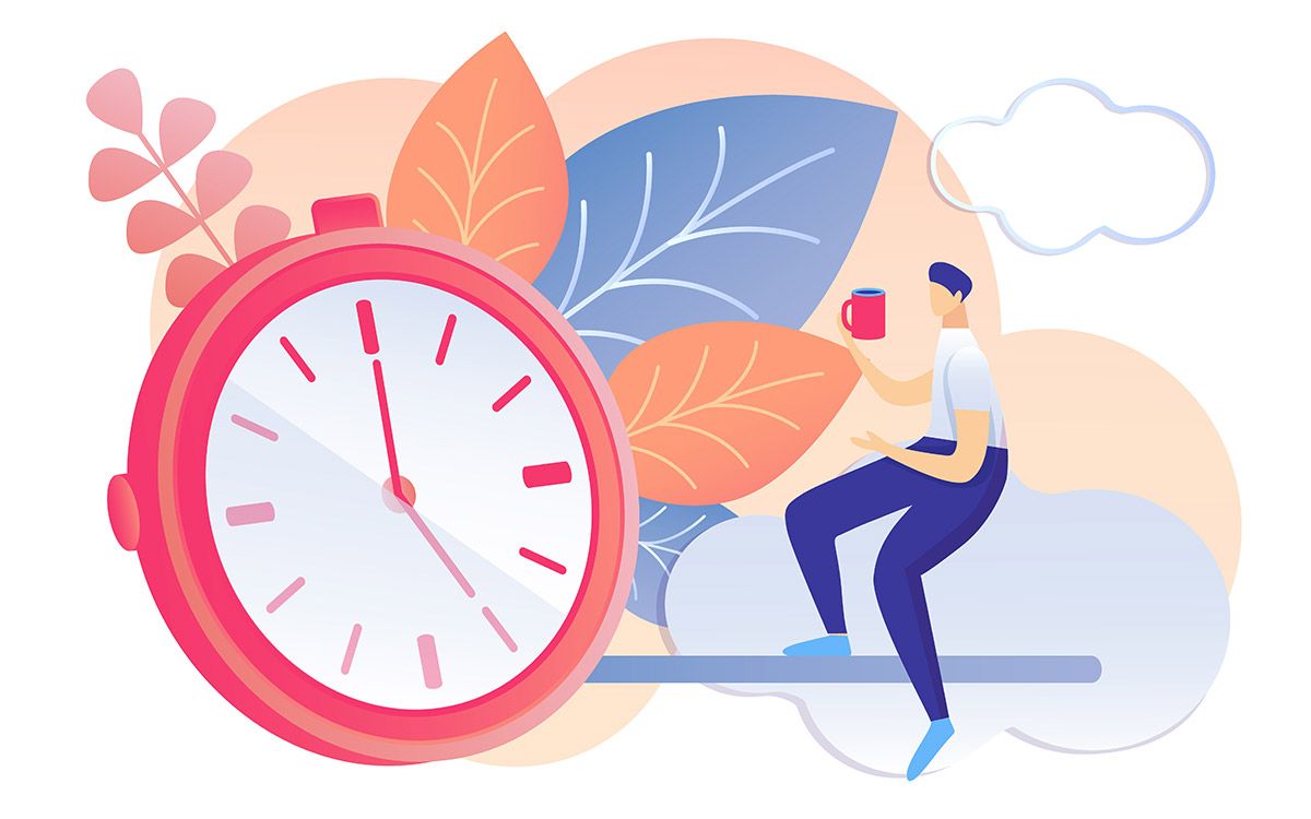 A graphical illustration of a person enjoying a drink surrounded by nature, whilst a large work clock ticks on.