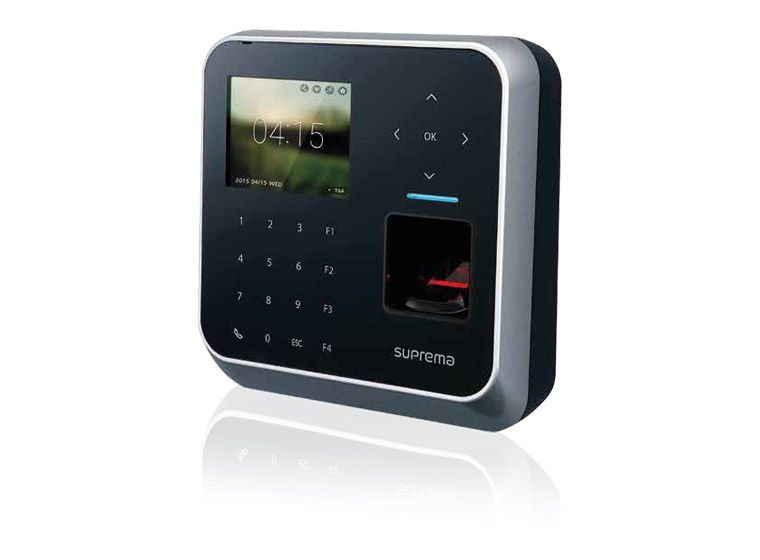 A Suprema Biometric clocking in machine with fingerprint reader and time display